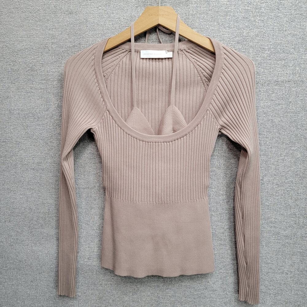 JONATHAN SIMKHAI JAYLINE RIBBED SCOOPNECK PULLOVER & BRALETTE SET, SIZE S